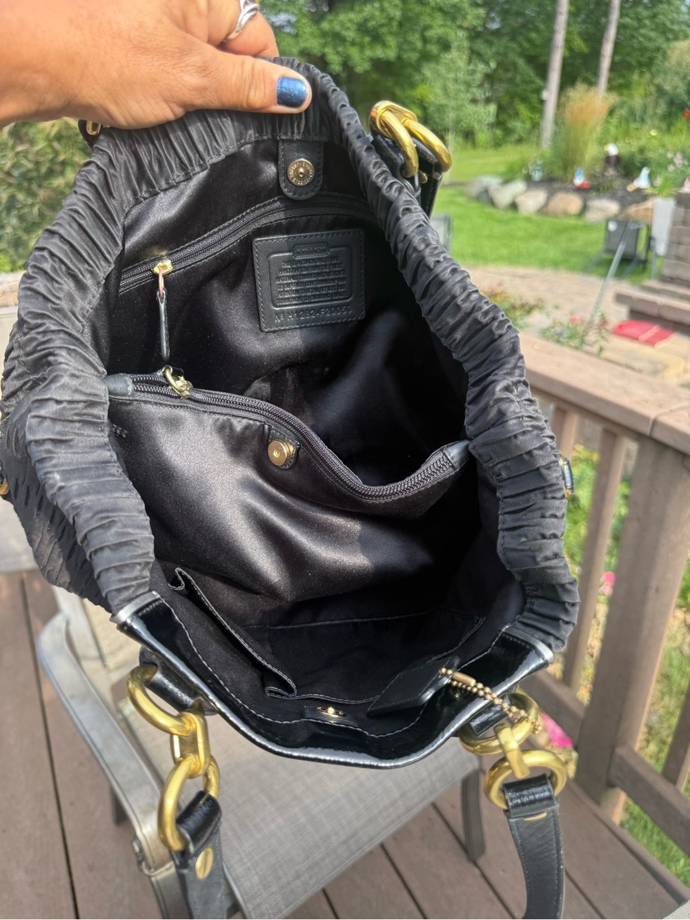 EUC Coach Ashley Gathered Satin Carryall Black Brass Hardware Shoulder Bag - Picture 9 of 10